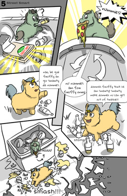 1_horn abuse alcohol alcohol_bottle ambiguous_feral ambiguous_gender baby_talk beer beverage beverage_bottle bottle box breaking_glass bullying container cruelty dialogue duo feral food fur glass_shards green_body green_fur grey_hair grey_tail hair horn looking_back mouth_hold pizza pizza_box standing tail text trash trash_can yellow_body yellow_fur yellow_horn young young_ambiguous young_feral carpdime fluffy_pony fluffy_pony_(species) mammal comic digital_media_(artwork) english_text hi_res partially_colored shaded