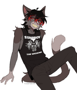 anthro black_bottomwear black_clothing black_hair black_jeans black_pants black_shirt black_t-shirt black_topwear bottomwear clothing denim denim_bottomwear denim_clothing hair highlights_(coloring) jeans male pants red_eyes red_hair shirt smile solo t-shirt topwear vampimorph rae_(vampimorph) domestic_cat felid feline felis mammal vampire absurd_res hi_res