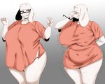 absurd_res anthro belly big_breasts boss_monster_(undertale) bovid breasts caprine clothed clothing clothing_pull curvy_figure eyewear female female_focus floppy_ears fur glasses goat hi_res horn huge_breasts mammal mature_anthro mature_female nipple_outline oxid shirt shirt_pull slightly_chubby slightly_chubby_anthro slightly_chubby_female solo speech_bubble t-shirt thick_thighs topwear topwear_pull toriel undertale_(series) voluptuous voluptuous_anthro voluptuous_female white_body white_fur wide_hips