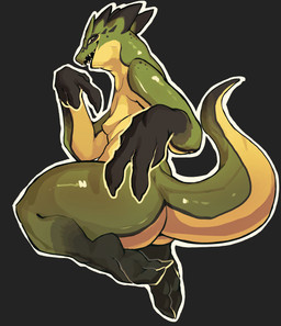 3_toes 4_fingers anthro big_butt black_background black_body breasts butt feet female fingers gesture glistening glistening_body green_body hand_gesture kneeling looking_at_viewer looking_back looking_back_at_viewer multicolored_body non-mammal_breasts open_mouth open_smile rear_view scales simple_background small_breasts smile solo tail thick_thighs toes v_sign yellow_body corromon deadlock_(game) valve valve_corporation vyper_(deadlock) scalie 2025 digital_media_(artwork) hi_res