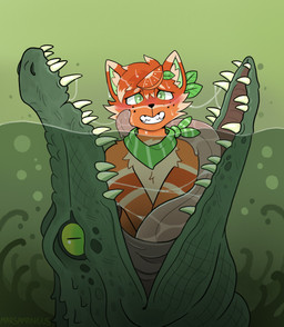 anthro anthro_prey blush bodily_fluids duo feral feral_pred fur imminent_vore in_mouth male orange_body orange_fur saliva teeth tongue vore marsamongus citrus_orangefluff crocodile crocodilian domestic_cat felid feline felis mammal reptile scalie hi_res