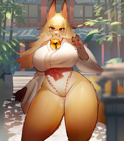 4_fingers anthro asian_clothing big_breasts blep blonde_hair blush breasts brown_body brown_fur claws clothing curvy_figure east_asian_clothing female female_anthro finger_claws fingers fur gloves_(marking) hair high_cut_miko_outfit japanese_clothing kemono leg_markings long_hair looking_at_viewer markings miko_outfit multicolored_body multicolored_fur pawpads paws red_eyes shrine shrine_maiden socks_(marking) solo standing tan_body tan_fur thick_thighs tongue tongue_out voluptuous white_body white_fur wide_hips utterangle canid canine fox mammal 2022 absurd_res character_request digital_media_(artwork) hi_res portrait three-quarter_portrait