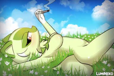 anthro anthrofied blue_sky blush breasts cheek_tuft cigarette cloud drugs facial_tuft featureless_breasts female flower fluffy fluffy_tail fur gloves_(marking) grass green_body green_ears green_fur green_markings head_markings highlights_(coloring) looking_at_viewer lying marijuana markings meadow narrowed_eyes nature neck_tuft on_back plant pokemorph red_eyes sky smoking smoking_cigarette smoking_marijuana solo tail tuft lumineko nintendo pokemon felid feline generation_9_pokemon mammal pokemon_(species) sprigatito 3:2