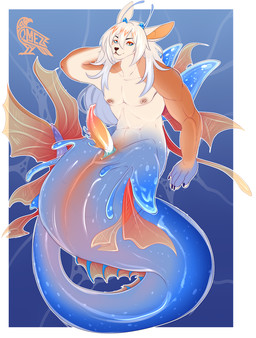 anthro genitals hair looking_at_viewer male muscular nipples nude penis smile split_form omez marine merfolk