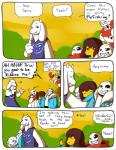 aftertale animated_skeleton bone boss_monster_(undertale) bovid caprine comic dialogue english_text exclamation_point frisk_(undertale) group horn human humanoid loverofpiggies mammal one_eye_closed papyrus_(undertale) sans_(undertale) skeleton smile teeth text toriel undead undertale undertale_(series) wink