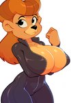 anthro big_breasts black_eyes black_nose breasts brown_hair cleavage cleavage_overflow clothed clothing eyelashes female hair holding_breast huge_breasts long_hair mature_anthro mature_female no_bra simple_background smile solo suit white_background zipper_down zipper_jumpsuit nitro disney talespin rebecca_cunningham bear mammal 2020 hi_res