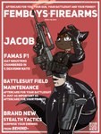 2023 3:4 anthro assault_rifle collar cover english_text famas felid feline fictional_magazine_cover gun handgun hi_res holding_object holding_ranged_weapon holding_weapon latex magazine_cover male mammal marcus_gray pistol qr_code ranged_weapon rifle solo standing text weapon