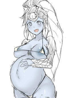 areola areola_slip barely_visible_genitalia barely_visible_vulva belly big_belly big_breasts bikini blue_areola blue_body blue_skin breasts circlet clothing female fin fin_hair genitals hair hand_on_belly happy long_hair looking_at_own_belly navel open_mouth open_smile outie_navel ponytail pregnant pseudo_hair scales simple_background smile solo standing swimwear triangle_bikini two-piece_swimsuit vulva white_background wide_hips 9rimson skullgirls minette animal_humanoid aquatic aquatic_humanoid dagonian fish fish_humanoid humanoid 2019 digital_drawing_(artwork) digital_media_(artwork) half-length_portrait hi_res partially_colored portrait sketch