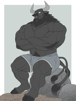 beard big_muscles body_hair bottomwear clothing facial_hair facial_piercing happy_trail hooves horn huge_muscles male muscular muscular_male nose_piercing nose_ring pecs piercing ring_piercing shorts sitting solo zeed_bullwolf bovid bovine cattle mammal hi_res