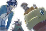 anthro beak black_hair brown_body brown_feathers brown_fur eyewear eyewear_on_head feathers fur goggles goggles_on_head green_eyes group hair male yellow_body kbondoxxa bandai_namco digimon digimon_survive agumon_(survive) falcomon_(survive) minoru_hyuga takuma_momozuka agumon digimon_(species) falcomon human mammal hi_res