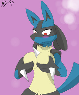 anthro black_body black_fur blue_body blue_fur blush breast_fondling breast_play breasts female fondling fur hand_on_breast solo tail yellow_body yellow_fur neonstreaksns nintendo pokemon canid canine generation_4_pokemon lucario mammal pokemon_(species) 2014 5:6 hi_res source_request