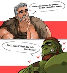 2023 abs barbarian beard blush comic comic_panel dialogue dopq duo english_text facial_hair fangs fur_pelt fur_trim_(clothing) green_body green_skin hair heart_symbol hi_res human humanoid larger_male male mammal muscular muscular_human muscular_humanoid muscular_male nervous nipples nose_scar orc pecs red_hair shaved_sides size_difference smaller_male speech_bubble teeth text vein veiny_muscles white_hair
