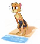 4_fingers anthro barefoot beach biped breasts clothed clothing feet female fingers fur nipples open_mouth orange_body orange_fur sand seaside simple_background solo swimwear topless water white_background gabbah male_swimwear_challenge lily_(gabbah) domestic_cat felid feline felis mammal 2017 absurd_res colored digital_drawing_(artwork) digital_media_(artwork) hi_res