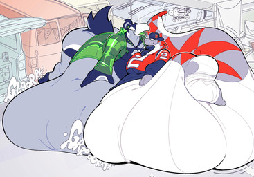 ambiguous_gender american_football anthro beak belly big_belly big_butt bloated blue_body blue_feathers bottomwear butt car clothing digestion duo electronics facing_each_other feathers female grey_body grey_feathers grey_scales groaning_belly hand_on_belly hat headgear headwear huge_belly huge_butt imminent_vore medium_truck morbidly_obese morbidly_obese_anthro morbidly_obese_female obese obese_anthro obese_female overweight overweight_anthro overweight_female pants resting_on_belly scales shirt smile smiling_at_another smiling_at_each_other sport sweater tail television thick_tail topwear truck van vehicle vore weight_gain white_belly boot_(artist) boston_red_sox mlb new_england_patriots nfl seattle_seahawks avian bird lizard reptile scalie 2026 hi_res