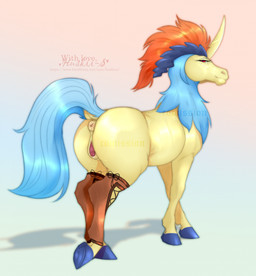 anus blue_hooves blue_tail bodily_fluids brown_clothing brown_legwear clothing equine_anus eyelashes female female_feral feral genital_fluids genitals gradient_background hooves horn legwear mane mouth_closed narrowed_eyes orange_mane presenting presenting_anus presenting_vulva puffy_anus red_eyes simple_background solo tail vaginal_fluids vulva yellow_anus yellow_body yellow_horn huskii-s nintendo pokemon equid equine generation_5_pokemon keldeo keldeo_(ordinary_form) legendary_pokemon mammal pokemon_(species) hi_res