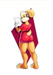 anthro barefoot belt big_butt black_eyes blonde_hair buckteeth butt butt_focus clothed clothing dress electronics eyelashes feet female floppy_ears fur gloves hair handwear head_tuft headphones holding_object holding_paper looking_at_viewer looking_back looking_back_at_viewer lop_ears orange_body orange_fur paper pink_background pink_nose rear_view red_clothing red_dress scut_tail short_tail simple_background smile solo tail tan_body tan_fur teeth thick_thighs tuft white_background white_clothing white_gloves white_handwear wide_hips notilustregui looney_tunes warner_brothers lola_bunny lagomorph leporid mammal rabbit absurd_res hi_res