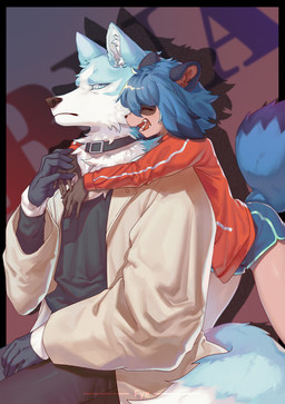 anthro black_hair blue_body blue_eyes blue_fur blue_hair bottomwear brown_body brown_fur clothed clothing coat dolphin_shorts duo eyes_closed female fluffy fluffy_tail fur gloves hair handwear jacket male multicolored_body multicolored_fur multicolored_hair open_mouth shorts tail topwear white_body white_fur fye brand_new_animal studio_trigger michiru_kagemori shirou_ogami canid canine canis mammal raccoon_dog tanuki wolf 2020 absurd_res hi_res