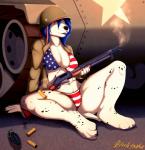 4_toes 5_fingers american_flag american_flag_bikini anthro armor barefoot bikini biped blue_hair breasts bullet cleavage clothed clothing detailed_background explosives feet female fingers flag flag_bikini flag_clothing flag_print flag_swimwear fur grenade gun hair headgear helmet holding_gun holding_object holding_ranged_weapon holding_weapon looking_at_viewer navel print_bikini print_clothing print_swimwear ranged_weapon red_eyes shotgun sitting smile solo spread_legs spreading swimwear tank toes two-piece_swimsuit united_states_of_america vehicle weapon white_body white_fur black-husky rebecca_(black-husky) canid canine canis dalmatian domestic_dog mammal 2019 digital_media_(artwork) hi_res