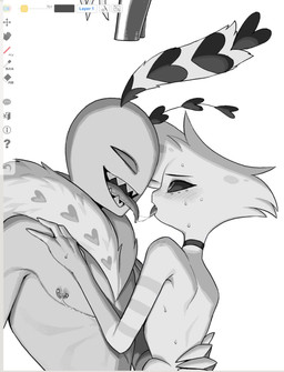 after_kiss art_program_in_frame bodily_fluids duo male male/male nipple_piercing nipples piercing saliva saliva_string enaic31 hazbin_hotel hellaverse angel_dust valentino_(hazbin_hotel) animal_humanoid arachnid arthropod arthropod_humanoid demon demon_humanoid humanoid insect insect_humanoid lepidopteran lepidopteran_humanoid moth_humanoid spider digital_media_(artwork) hi_res monochrome oekaki