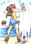 amber_eyes anthro beach blush breasts brown_hair butt clothed clothing detailed_background female hair hooves horn looking_at_viewer looking_back nipples outside pink_hair rear_view sand seaside side_boob sky smile solo surfboard tail topless vehicle water watercraft yellow_body yellow_skin auradeva mythology aura_(character) equid equine mammal mythological_creature mythological_equine unicorn