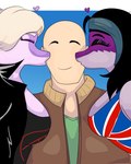 anthro bald big_breasts biped black_clothing black_hair black_jacket black_shirt black_topwear blonde_hair breasts brown_clothing brown_jacket brown_topwear clothed clothed_anthro clothed_female clothed_human clothed_male clothing eyelashes eyes_closed female ffm front_view green_clothing green_shirt green_topwear group hair happy heart_symbol human_on_anthro interspecies jacket kissing_cheek long_hair love male male/female medium_hair non-mammal_breasts open_clothing open_jacket open_topwear purple_body purple_scales romantic scales shirt simple_background smile topwear trio union_jack united_kingdom arsenic_iii cavemanon_studios snoot_game anon_(snoot_game) brittany_(snoot_game) fan_character sheila_(snoot_game) dinosaur hadrosaurid human mammal ornithischian ornithopod parasaurolophus prehistoric_species reptile scalie 4:5 colored hi_res