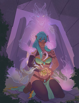 blue_eyes blue_hair bottomwear breasts clothing duo female hair jewelry kneeling leaf legwear loincloth magic male markings pendant thigh_highs transformation thestory mythology lyn_(z-ray) canid dragon elf ghost humanoid hybrid mammal mythological_creature mythological_scalie scalie spirit 2019