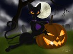 anthro breasts cemetery female jack-o'-lantern moon night plant solo tombstone tree wolfdan86 domestic_cat felid feline felis mammal 4:3 absurd_res hi_res