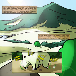 1_claw ambiguous_gender background_shot black_text blue_sky claws dark_text day detailed_background faceless_ambiguous faceless_character feral light light_claws male mountain narration onomatopoeia outside quadruped shadow sky solo sound_effects standing sun text two_panel_image walking white_claws yellow_text conditional_dnp insomniacovrlrd nintendo pokemon chikorita generation_2_pokemon pokemon_(species) 1:1 comic english_text shaded