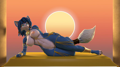 4_toes 5_fingers anthro areola armor big_breasts blue_body blue_hair breasts chain collar dipstick_tail eyelashes feet female fingers fluffy fluffy_tail fur furgonomics genitals gold_(metal) gold_anklet gold_chain gold_collar gold_jewelry hair hand_on_hip jewelry looking_at_viewer lying markings metal_collar multicolored_body multicolored_fur navel nipple_piercing nipples nude nude_anthro nude_female on_side piercing pose smile smiling_at_viewer solo tail tail_markings tattoo teal_eyes thick_thighs toes tribal tribal_tattoo vambrace vulva white_body white_fur wide_hips thevestige warfaremachine_(modeler) nintendo star_fox krystal_(star_fox) warfare_krystal canid canine fox mammal 16:9 3d_(artwork) digital_media_(artwork) hi_res pinup source_filmmaker_(artwork) widescreen