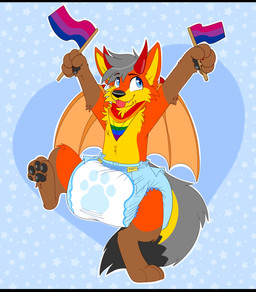anthro big_diaper bisexual_pride_colors black_bars blue_background blue_diaper clean_diaper clothed clothing diaper dipstick_tail flag flag_(object) fur grey_hair hair holding_flag holding_object horn kerchief lgbt_pride looking_up male markings neckerchief neckwear orange_body orange_fur pawpads pride_colors rainbow_pride_colors simple_background solo standing tail tail_markings wearing_diaper wings yellow_body yellow_fur jupiters mythology canid canine dragon fox hybrid mammal mythological_creature mythological_scalie scalie absurd_res hi_res letterbox