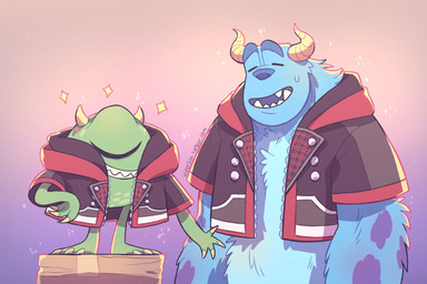 barefoot bodily_fluids claws clothed clothing duo eyes_closed fangs feet fur horn jacket male open_mouth sharp_teeth size_difference smile standing sweat teeth toe_claws topwear viiperfish disney kingdom_hearts kingdom_hearts_3 monsters_inc pixar square_enix mike_wazowski sulley cyclops monster 3:2 hi_res
