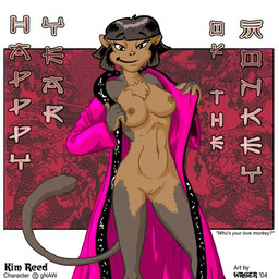 anthro black_hair breasts chest_tuft clothing female genitals hair looking_at_viewer navel nipples solo tail text tuft undressing vulva style_wager chinese_zodiac year_of_the_monkey kim_reed haplorhine mammal monkey primate 2004 english_text