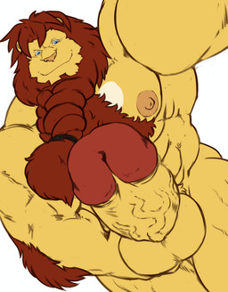 anthro areola balls big_penis bodily_fluids braided_mane first_person_view genital_fluids genitals humanoid_genitalia humanoid_penis male mane muscular nipples penis smile solo urethra grisser nievelion felid lion mammal pantherine 2011 hi_res