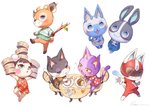 anthro blush bottomless button_(fastener) button_dress chibi clothed clothing dress eating female food group male simple_background superhero white_background ry_o_ta animal_crossing nintendo beau_(animal_crossing) bob_(animal_crossing) dotty_(animal_crossing) kid_cat_(animal_crossing) mitzi_(animal_crossing) pekoe_(animal_crossing) punchy_(animal_crossing) antelope bear bovid domestic_cat felid feline felis lagomorph leporid mammal rabbit