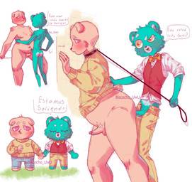 anthro balls belly bottomwear bow_tie butt clothing collar dialogue duo erection fur genitals green_body green_fur leash leash_pull male male/male pants penis pink_body sex shirt slightly_chubby text topwear biscocho_uwu unicorn_wars achuchones_(unicorn_wars) gordi_(unicorn_wars) bear mammal 2023 hi_res spanish_text translation_request