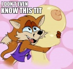 anthro areola big_breasts breasts caption clothing dialogue disembodied_breasts female fur huge_breasts humor male nipples open_mouth simple_background solo text toony dawmino reynold canid canine fox mammal 2014 colored digital_media_(artwork) english_text meme