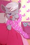 bed clothing eyewear female feral furniture glasses hair jewelry necklace open_mouth pajamas purple_eyes solo waking_up yawn young young_feral aosion friendship_is_magic hasbro my_little_pony silver_spoon_(mlp) earth_pony equid equine horse mammal pony 2015 hi_res