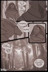 anthro cloak clothing dialogue duo female forest hair hair_over_eye hiking male melee_weapon plant polearm speech_bubble traveling tree trident weapon hiverdose last_fables eni_siverets_(last_fables) the_slayer_(last_fables) canid canine canis hare lagomorph leporid mammal wolf comic hi_res