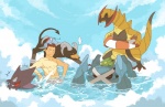 ambiguous_gender beach claws clothing cloud eyes_closed feral group hair lake male open_mouth outside red_eyes sea seaside simple_background sky swimming swimwear tail text water wet white_background seiryuuden mythology nintendo pokemon canid canine dragon electrike generation_1_pokemon generation_2_pokemon generation_3_pokemon generation_5_pokemon haunter haxorus houndoom human mammal metagross mythological_creature mythological_scalie pokemon_(species) scalie spirit totodile english_text hi_res