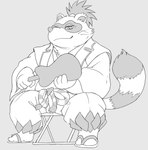 anthro asian_clothing clothing east_asian_clothing footwear humanoid_hands japanese_clothing kemono male sandals shoes sitting slightly_chubby solo hysk sengoku_puzzle tokugawa_ieyasu canid canine mammal raccoon_dog tanuki 2022 hi_res monochrome