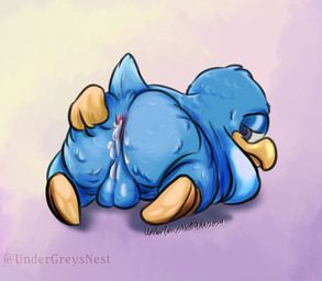 anthro anus balls balls_on_ground beak bedroom_eyes big_butt blue_body blue_feathers bodily_fluids butt butt_focus clothing cum cum_in_ass cum_inside cum_leaking_from_ass cum_leaking_out cum_on_balls cum_on_butt feathers footwear genital_fluids genitals gloves gradient_background half-closed_eyes handwear head_tuft inviting_to_sex looking_back lying male narrowed_eyes nude nude_anthro on_front overweight overweight_male presenting presenting_hindquarters raised_tail seductive shoes simple_background solo spread_butt spreading tail tail_tuft tuft yellow_beak yellow_clothing yellow_footwear yellow_gloves yellow_handwear yellow_shoes undergreysnest kirby_(series) nintendo king_dedede avian bird penguin colored shaded signature watermark