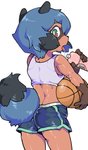 anthro athletic athletic_anthro athletic_female athletic_wear ball basketball_(ball) black_body black_fur black_hair blue_body blue_eyes blue_fur blue_hair bodily_fluids bottle bottomwear brown_body brown_fur butt butt_pose clothed clothing container dolphin_shorts female female_anthro fingers fluffy fluffy_tail fur gym_bottomwear gym_shorts hair holding_object looking_at_viewer midriff open_mouth pose saliva saliva_string short_hair shorts solo sweat tail tongue tongue_out topwear water_bottle mentha brand_new_animal studio_trigger michiru_kagemori canid canine mammal raccoon_dog tanuki 2020 absurd_res digital_media_(artwork) hi_res portrait shaded three-quarter_portrait