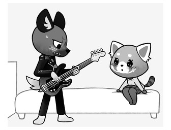 bass_guitar blush date duo guitar inside musical_instrument playing plucked_string_instrument string_instrument gaturo aggretsuko sanrio haida_(aggretsuko) retsuko ailurid hyena mammal red_panda spotted_hyena 2018 greyscale hi_res monochrome