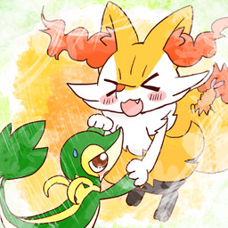 >o< ambiguous_anthro ambiguous_gender anthro biped blush bodily_fluids cute_fangs digitigrade duo fangs food front_view hand_holding object_in_tail open_:3 open_mouth open_smile shrimp_(food) side_view simple_background smile snout standing sweat sweatdrop tail teeth annyui0611 nintendo pokemon braixen canid generation_5_pokemon generation_6_pokemon mammal pokemon_(species) snivy 1:1 2022 artist_collaboration digital_drawing_(artwork) digital_media_(artwork) hi_res japanese_description translated_description