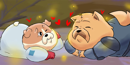 anthro brown_body brown_fur cuddly duo fur glowing heart_symbol lying male male/male night on_front orange_body orange_fur outside particles peaceful slightly_chubby smile tan_body tan_fur ugly-rat15508 dogs_in_space netflix jerry_(dogs_in_space) loaf_(dogs_in_space) arthropod beetle bulldog canid canine canis chow_chow domestic_dog elateroid firefly insect mammal mastiff molosser spitz 3:1 hi_res signature