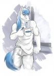 anthro beverage biped clothed clothing coffee food fur inside male muscular muscular_anthro muscular_male smile solo standing white_body white_fur dognextdoor copper_soul-fate equid equine horse mammal