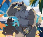 5_fingers anthro anthro_on_anthro arm_tuft barazoku beach big_muscles black_nose bulge clothed clothing cloud date duo elbow_tuft electronics eyebrows eyewear eyewear_on_head facial_tuft fingers fur grey_body grey_fur head_tuft heart_emoticon holding_object holding_phone larger_male light looking_at_another looking_down male male/male mature_anthro mature_male musclegut muscular muscular_anthro muscular_male navel nervous_sweat nipple_dip nipples open_mouth palm_tree pecs phone plant sand sea seaside shadow size_difference smile sunglasses sunglasses_on_head sunlight surprise teeth topless topless_anthro topless_male towel towel_on_shoulder tree tuft water wristband yellow_eyes gh0stfood grindr hugo_(gh0stfood) avian bird canid canine canis domestic_dog gull lari larid mammal wolf