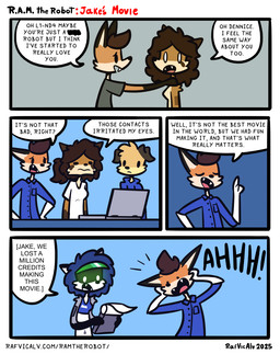 4_panel_comic anthro blue_dress_shirt clothed clothing collared_shirt computer dialogue dot_eyes dress_shirt electronics female frown gloves glowing glowing_eyes group handwear humor laptop machine male screaming shirt simple_eyes smile speech_bubble t-shirt text topwear white_clothing white_gloves white_handwear white_shirt white_t-shirt white_topwear rafvicalv r.a.m._(rafvicalv) ailurid canid canine canis domestic_dog fox mammal procyonid raccoon red_panda robot comic english_text hi_res url