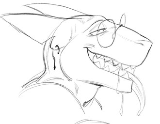 anthro bodily_fluids drooling ear_piercing eyewear glasses looking_pleasured male male_anthro narrowed_eyes open_mouth piercing round_glasses saliva sharp_teeth side_view simple_background solo teeth tongue tongue_out cobu aquatic fish shark hi_res monochrome sketch