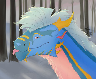 blep feral fur horn looking_at_viewer male mane plant simple_background smile solo tongue tongue_out tree winter yellow_horn noogliz noogliz_(character) felkin headshot_portrait hi_res portrait